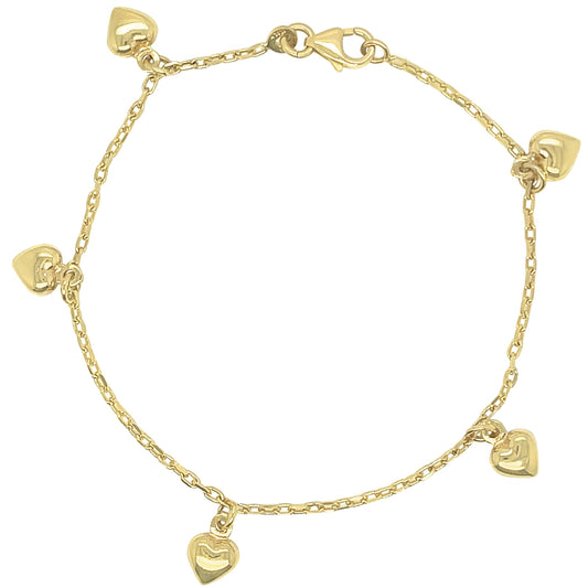 14K Gold Hanging Puffed Heart Charm Bracelet