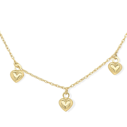 14k Gold 3 Hanging Puffed Heart Charm Necklace