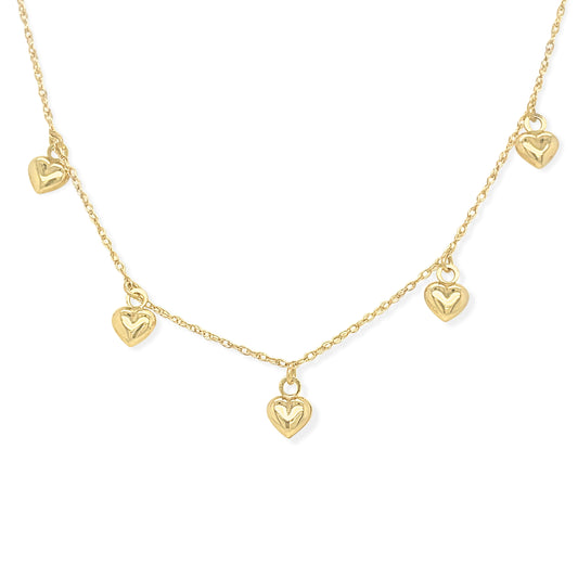 14k Gold 5 Hanging Puffed Heart Charm Necklace