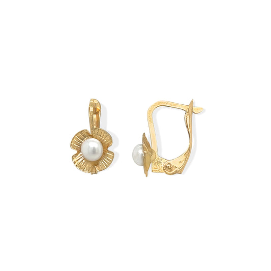 14k Gold Floral Pearl Center Lever Back Earrings