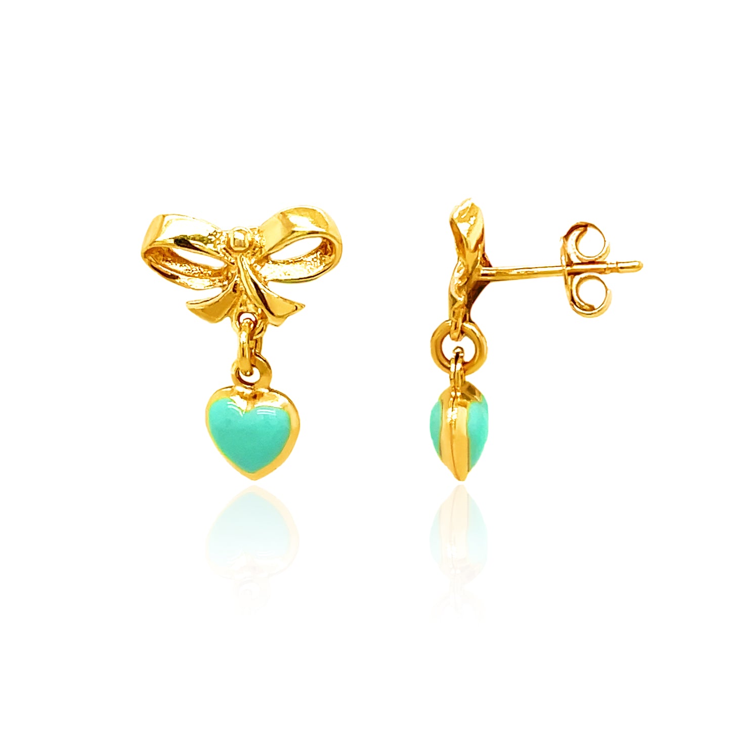 14k Gold Turquoise Heart And Bow Drop Earrings