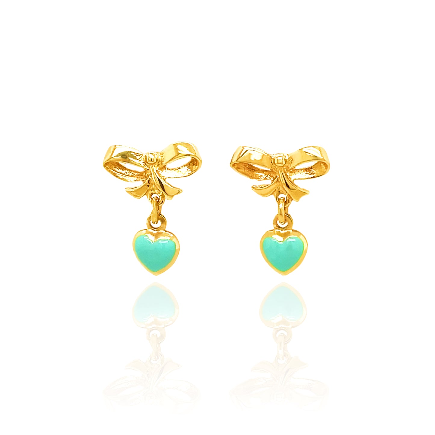 14k Gold Turquoise Heart And Bow Drop Earrings