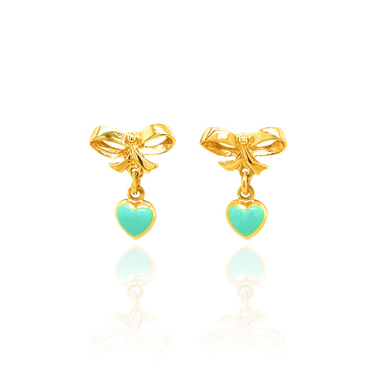 14k Gold Turquoise Heart And Bow Drop Earrings