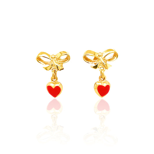 14k Gold Red Heart And Bow Drop Earrings