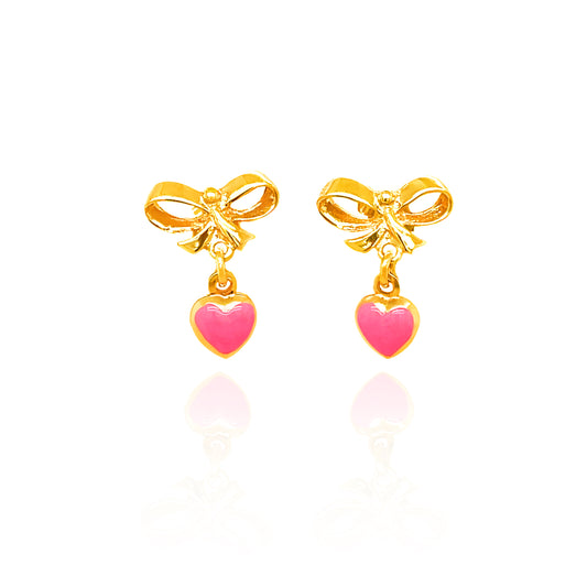 14k Gold Pink Heart And Bow Drop Earrings