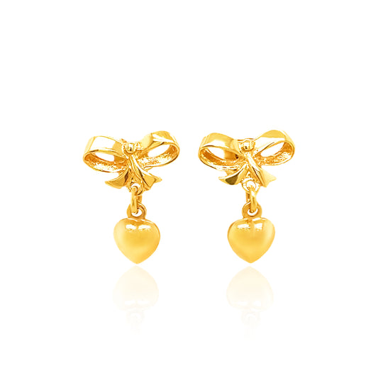 14k Gold Heart And Bow Drop Earrings