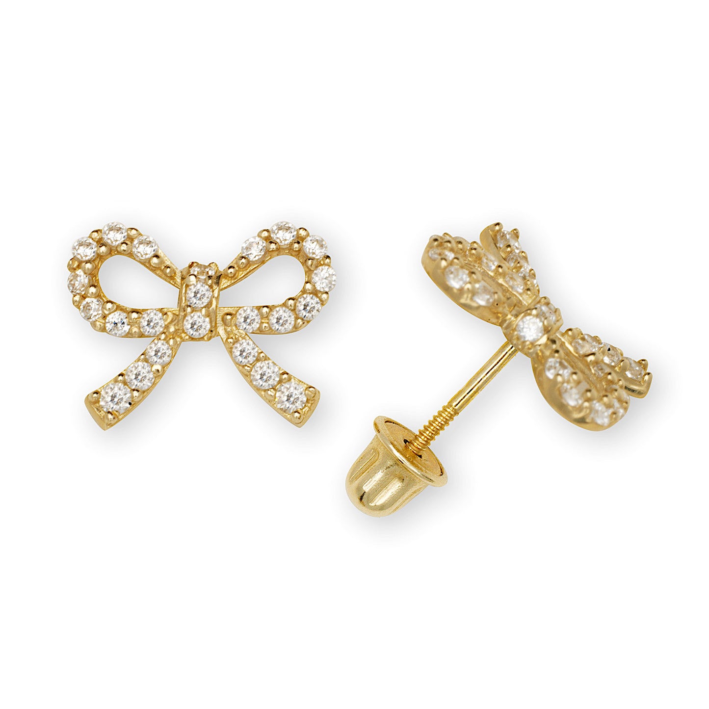 14K Gold CZ Bowtie Screw-back Earrings